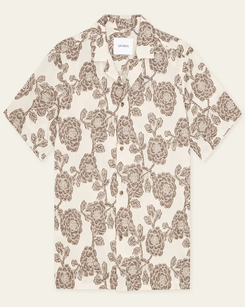 LES DEUX Leichtes Kurzarmhemd mit floralem Jaquard-Webmuster, Regular Fit in Natur