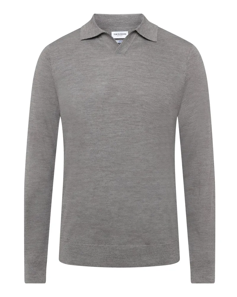 Tom Rusborg Glattstrick-Langarmpoloshirt aus Merinowolle mit Variokragen in Grau