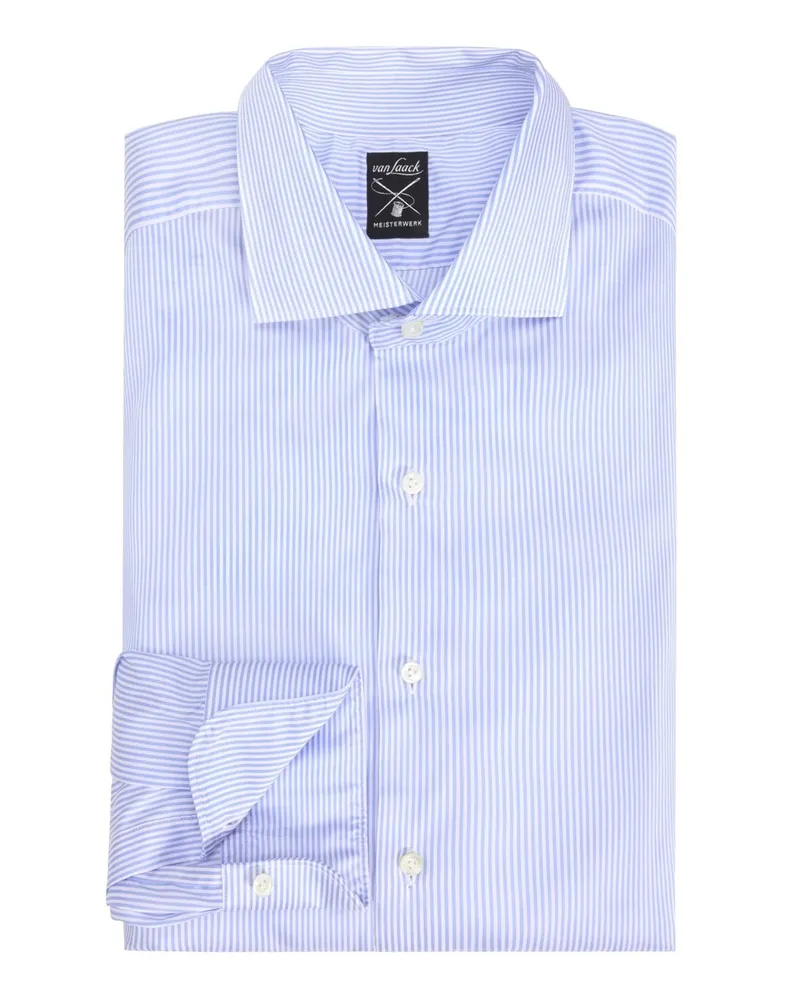 van Laack Gestreiftes Baumwollhemd mit Haifischkragen in Popeline-Qualität, Slim Fit in Blau
