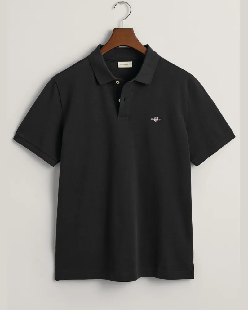 Gant Unifarbenes Piqué-Poloshirt aus Baumwolle mit Flag-Stickerei in Schwarz