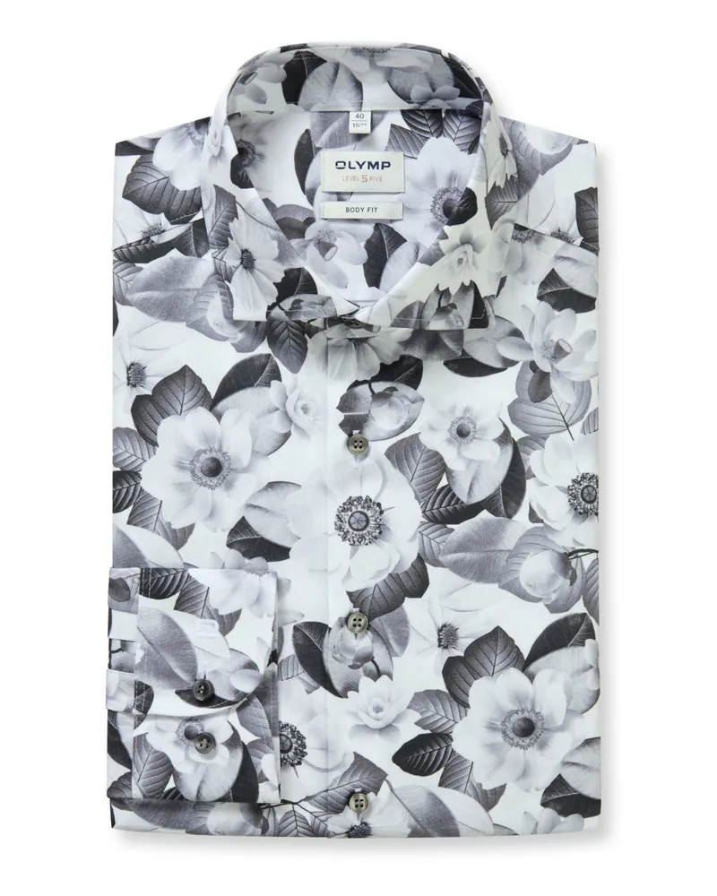 Olymp Level Five, Body Fit, Bügelleichtes Hemd mit floralem Print in Grau