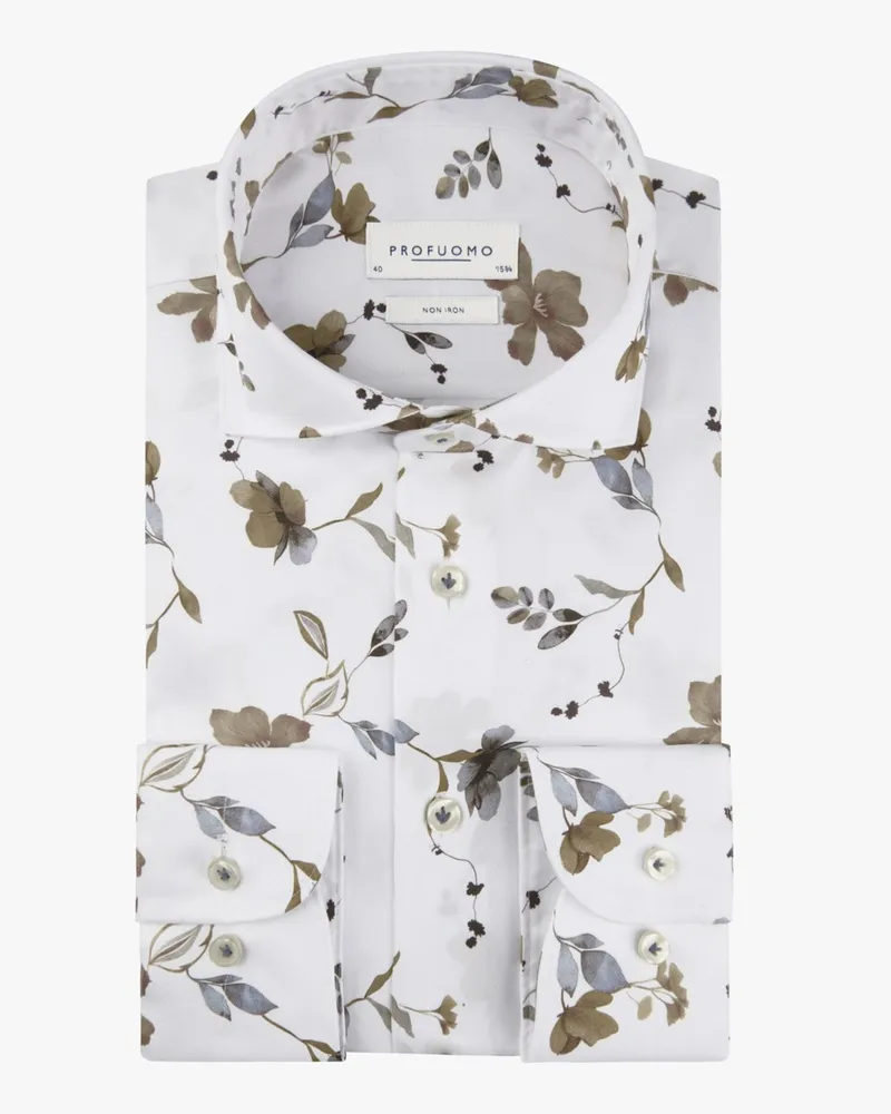 Profuomo Bügelfreies Baumwollhemd mit floralem Print, Slim Fit in Weiß
