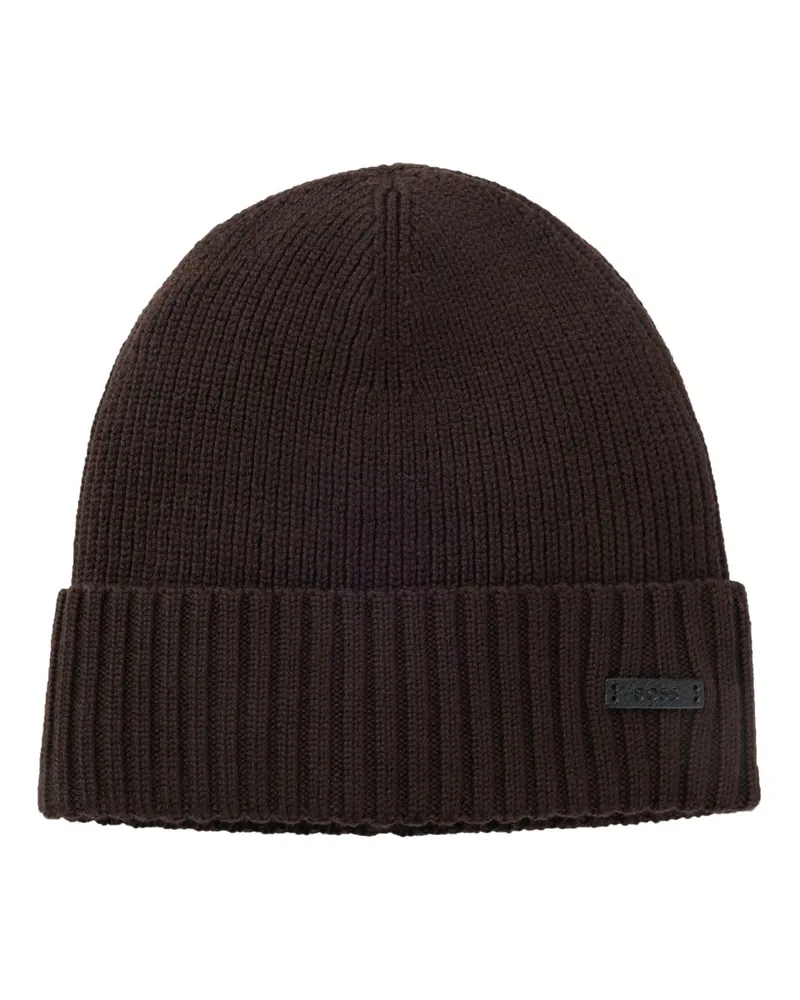 HUGO BOSS Strickmütze aus Schurwolle im Rippstrick mit Leder-Patch in Dunkelbraun
