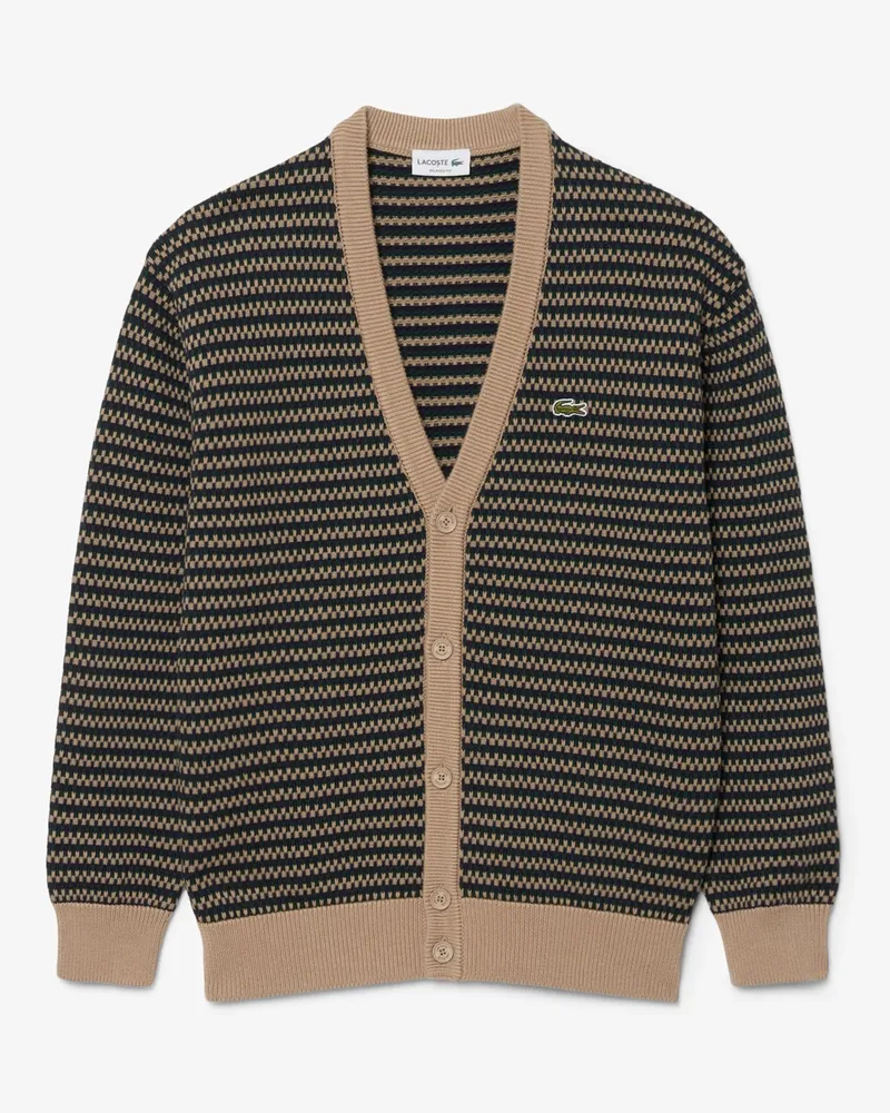 Lacoste Strickjacke mit Muster und V-Ausschnitt, Relaxed Fit in Beige