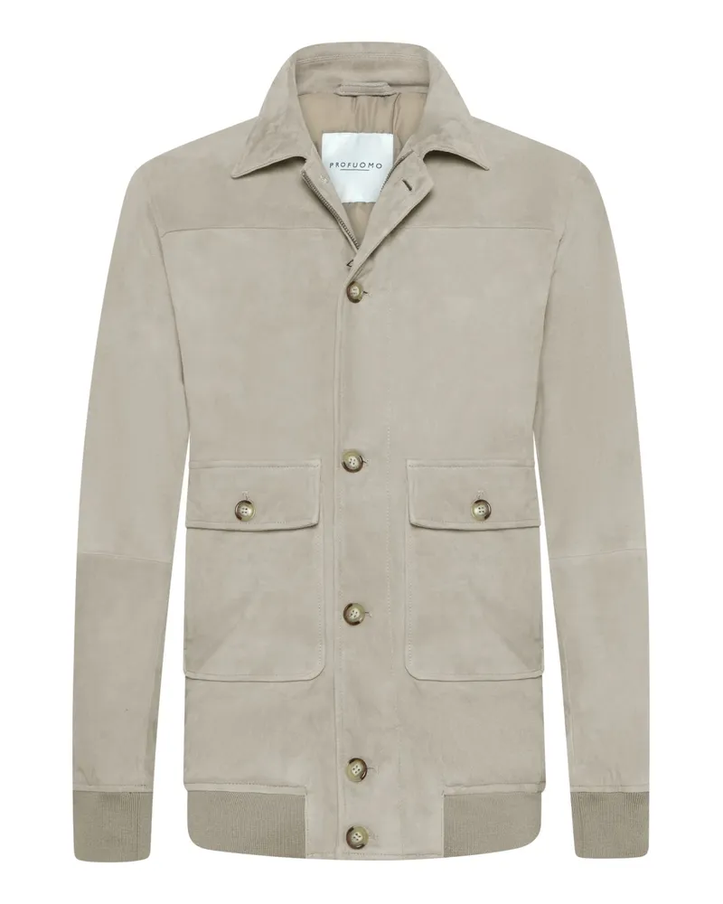 Profuomo Blouson aus Veloursleder mit Rippbündchen und aufgesetzten Taschen in Beige