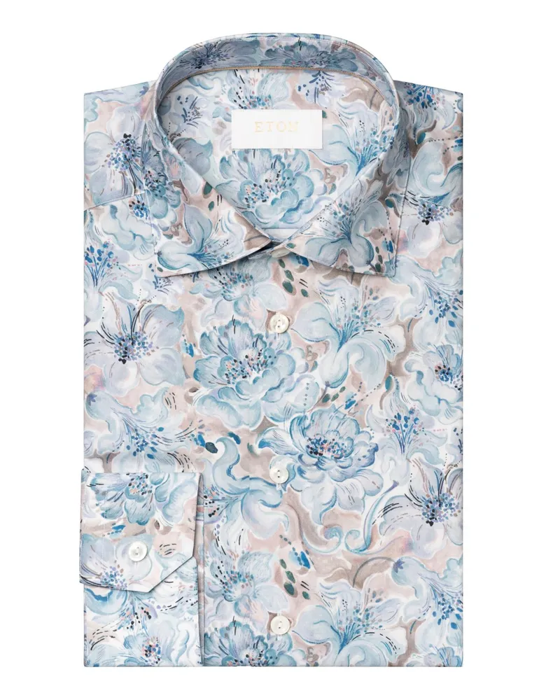Eton Glattes Twill-Hemd mit floralem Muster, Contemporary Fit in Hellblau
