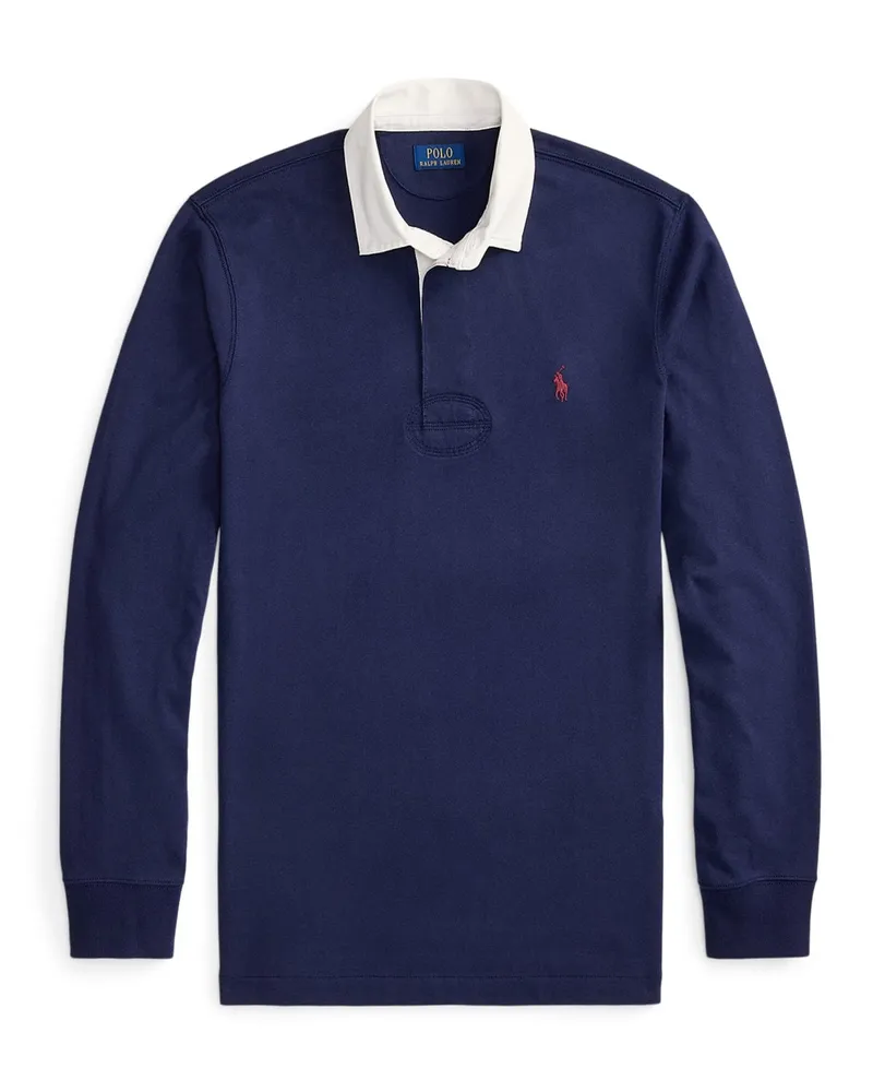 Ralph Lauren Unifarbenes Rugby-Shirt mit Kontrastkragen und Pony-Stickerei in Marine