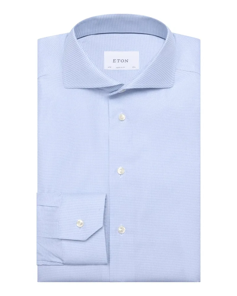 Eton Twill-Hemd mit Pepita-Muster und Haifischkragen, Super Slim Fit in Hellblau