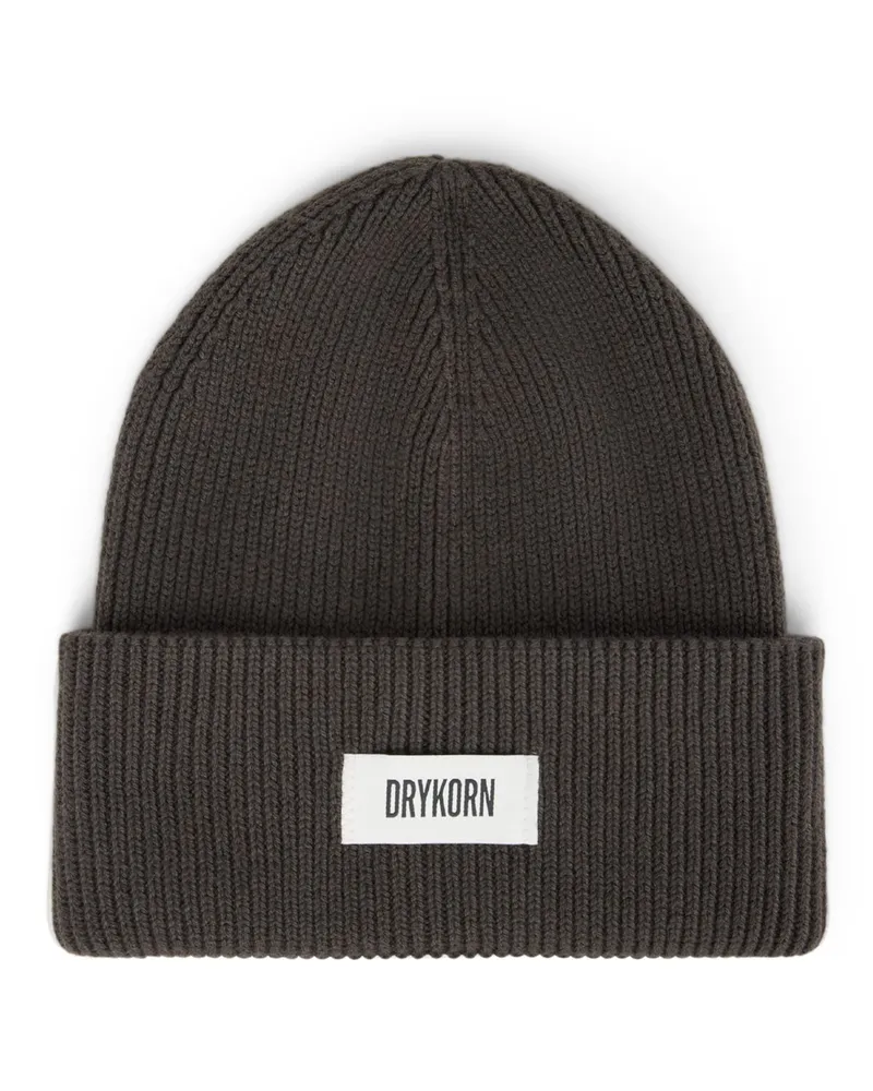 Drykorn Strickmütze aus einem Baumwoll-Mix mit Label-Aufnäher in Dunkelbraun