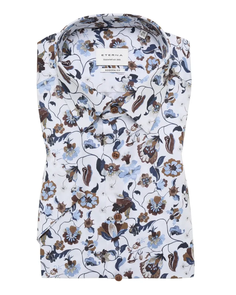 Eterna Bügelfreies Kurzarmhemd aus  Baumwolle mit Blumenprint, Modern Fit in Weiß