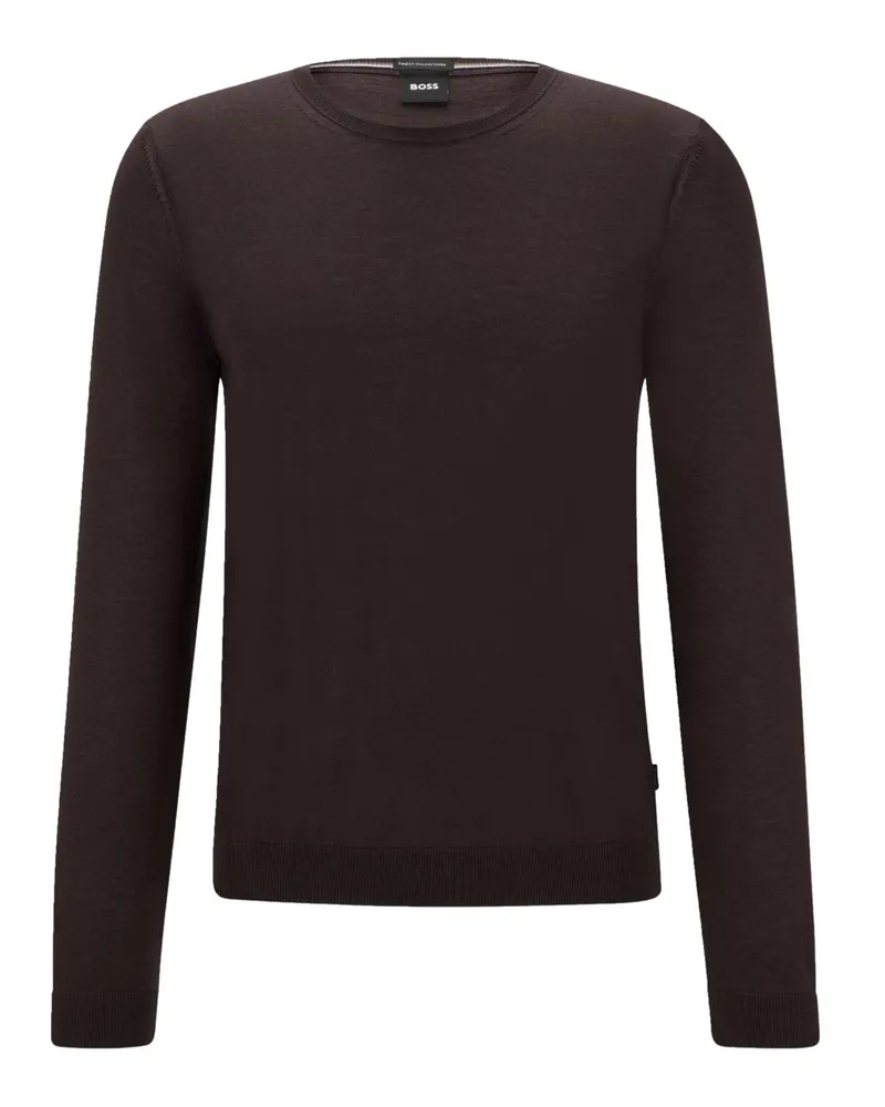 HUGO BOSS Rundhals-Pullover aus leichtem Schurwollstrick in Dunkelbraun