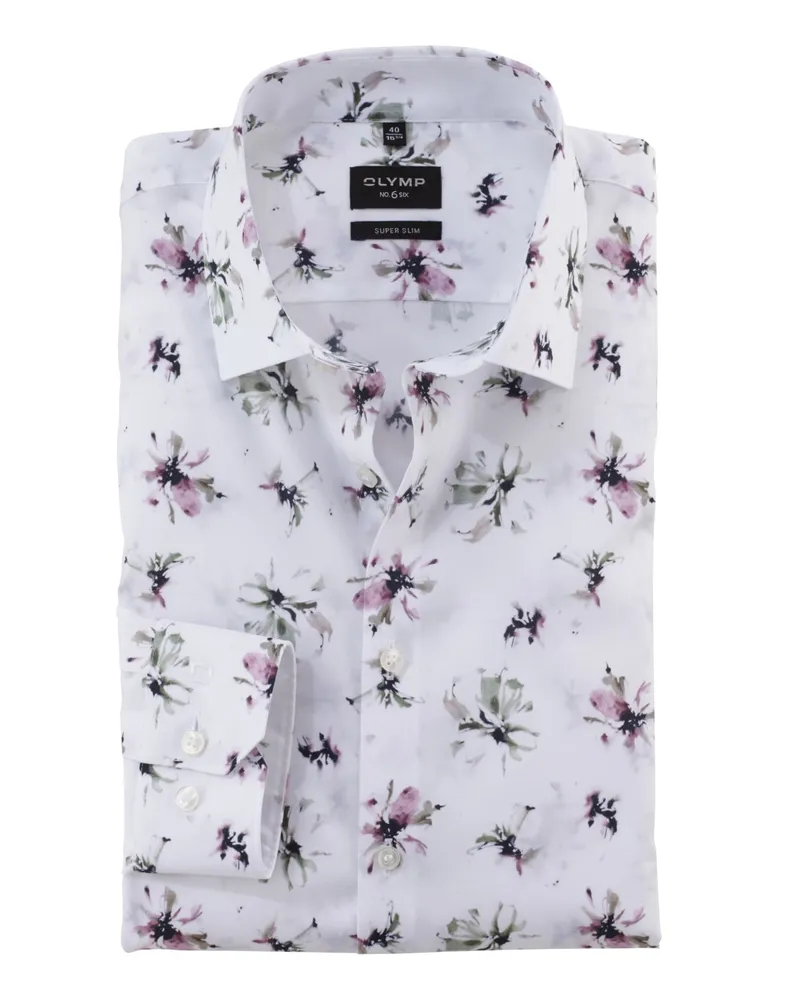 Olymp No. Six, Super Slim Fit, Stretch-Hemd mit floralem Print in Weiß