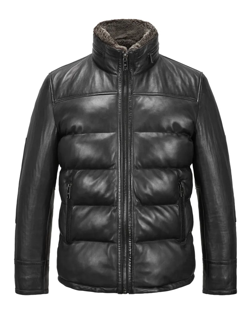 Milestone Puffer-Lederjacke Kilian mit Sorona®-Isolation und Lammfellkragen in Schwarz