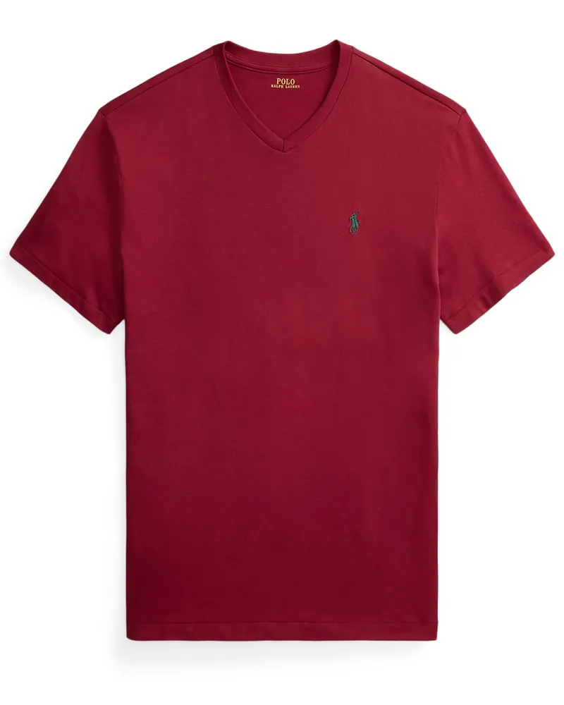 Ralph Lauren Softes T-Shirt mit V-Ausschnitt und Pony-Stickerei in Rot