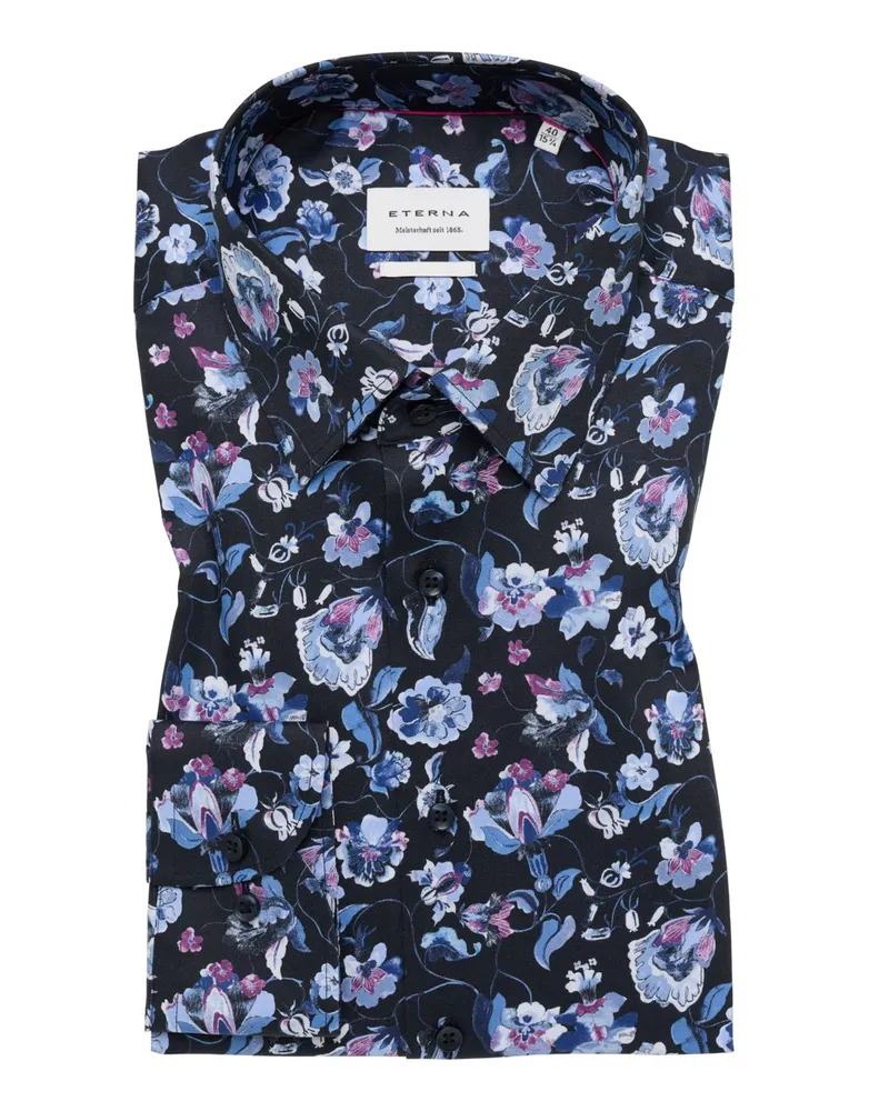 Eterna Bügelfreies Baumwollhemd mit floralem Print, Modern Fit in Marine