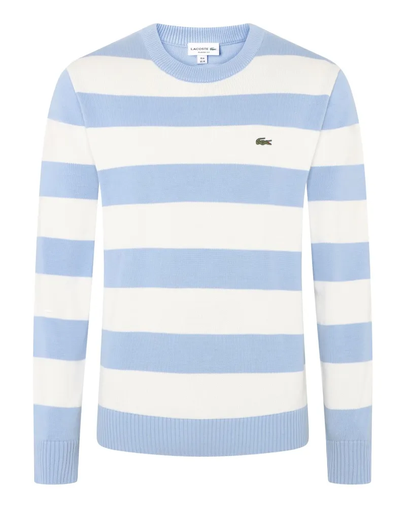 Lacoste Rundhalspullover mit Blockstreifen und kleinem Krokodil-Aufnäher in Hellblau