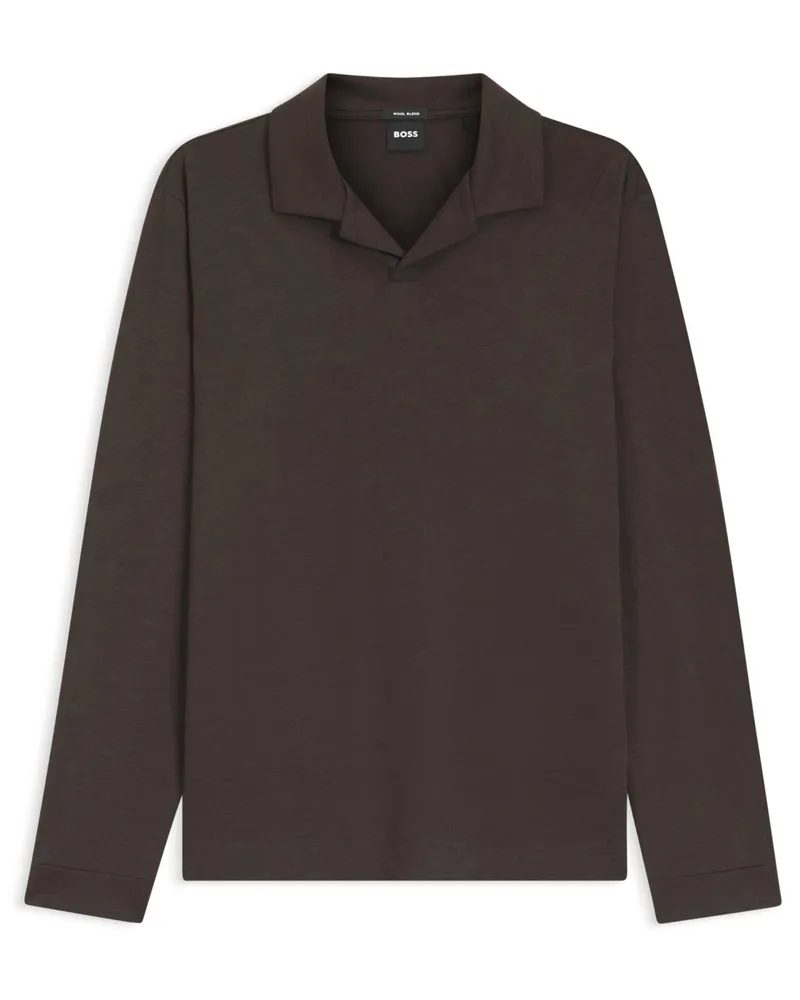 HUGO BOSS Langarm-Poloshirt aus einem leichten Woll-Mix mit Variokragen in Braun