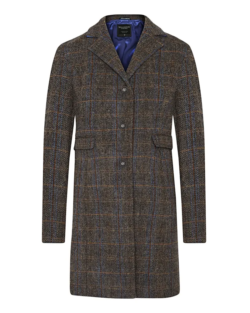 Wellington of Bilmore Harris Tweed Damenmantel Emilia mit Überkaro und Fischgrät-Muster in Braun