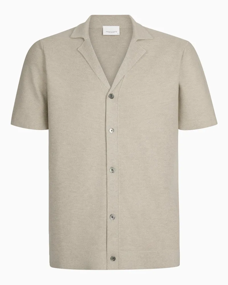 Profuomo Strick-Kurzarmhemd mit Variokragen und Perlmuttknöpfen in Beige