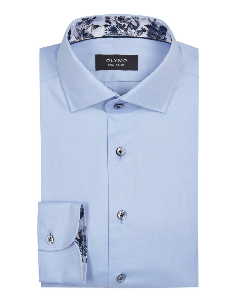 Olymp Signature, Tailored Fit, Twill-Hemd mit floralem Ausputz in Hellblau