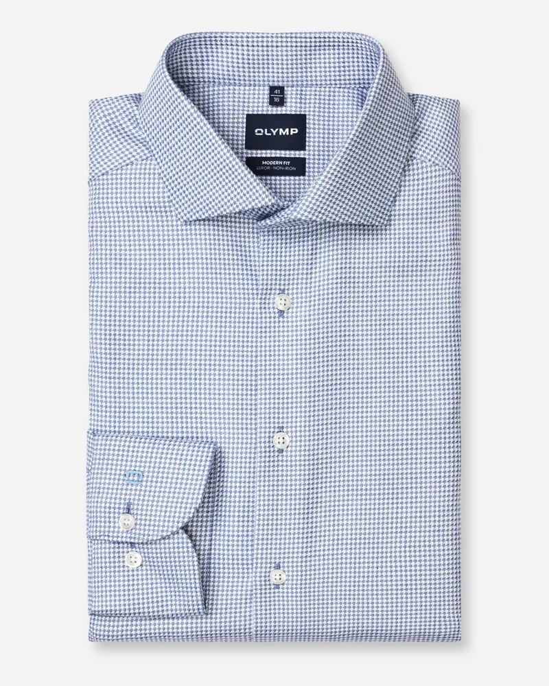 Olymp Luxor, Modern Fit, Bügelfreies Baumwollhemd mit Pepita-Muster in Blau
