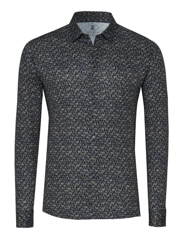 DESOTO Softes Jersey-Hemd mit Fleckenmuster und Kentkragen, Slim in Oliv