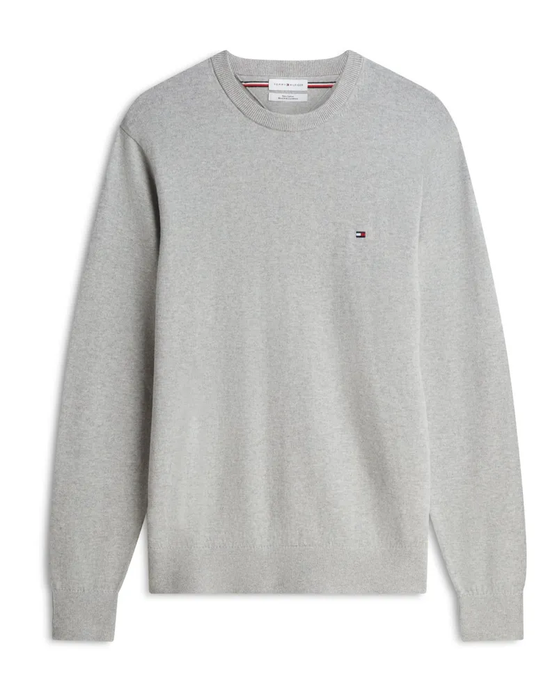 Tommy Hilfiger Softer Rundhalspullover mit Kaschmiranteil und kleiner Flag-Stickerei in Hellgrau