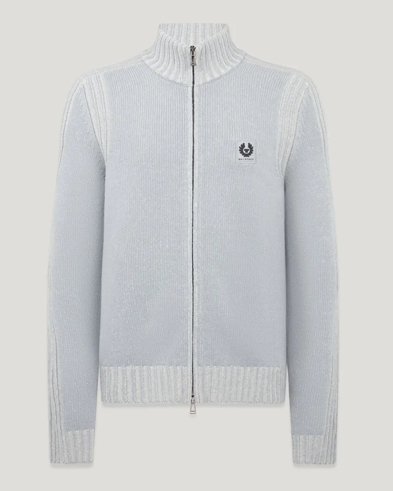 Belstaff Strickjacke aus Wolle mit Bicolor-Bündchen und Logo-Aufnäher in Hellblau