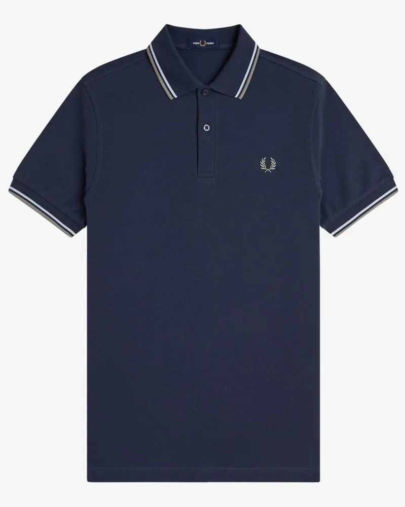 Fred Perry Piqué-Poloshirt mit Streifenakzenten und Logo-Stickerei in Mittelblau