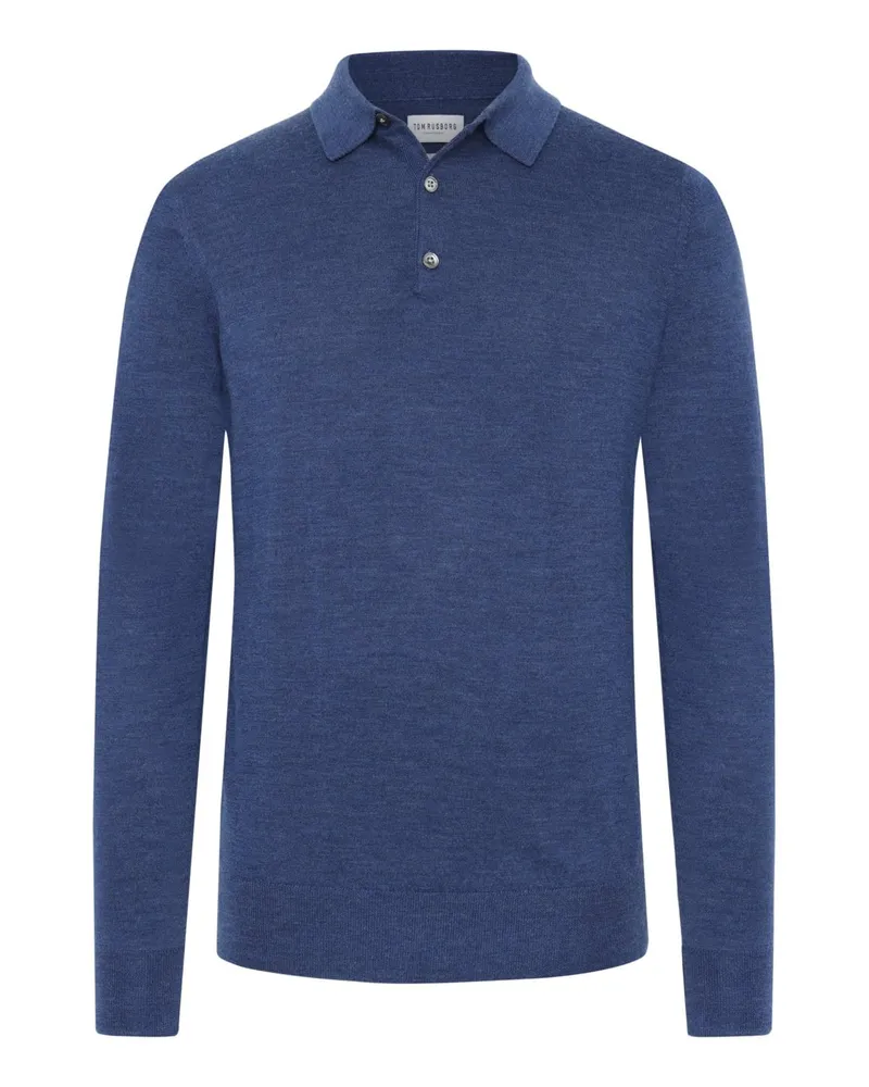 Tom Rusborg Glattstrick-Langarmpoloshirt aus extrafeiner Merinowolle in Mittelblau