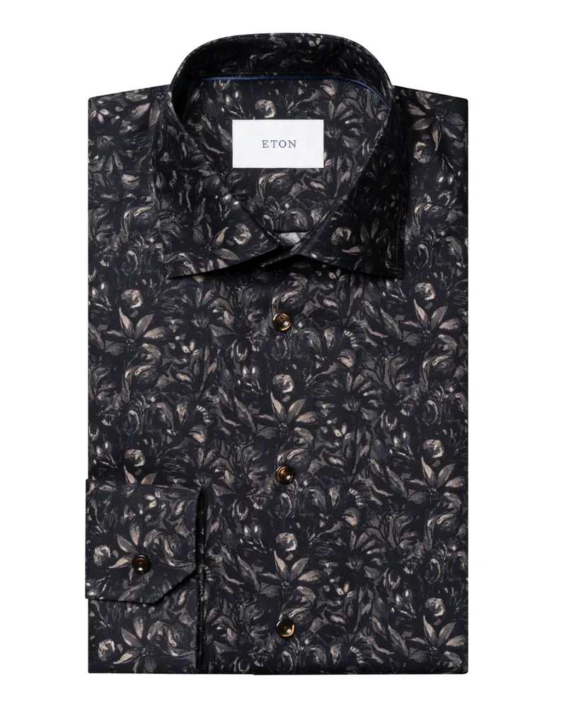 Eton Signature Twill-Hemd mit floralem Print und Kentkragen, Contemporary in Dunkelbraun