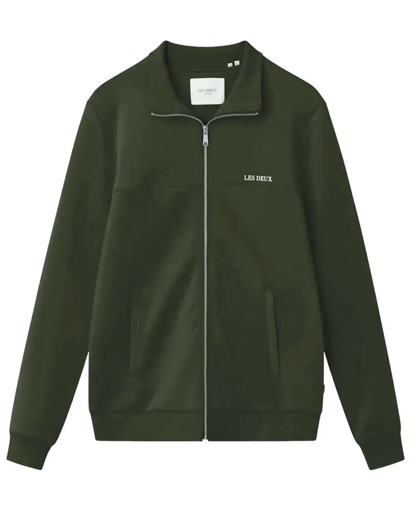 LES DEUX Stretch-Sweatjacke mit Zip und gesticktem Label-Schriftzug in Oliv