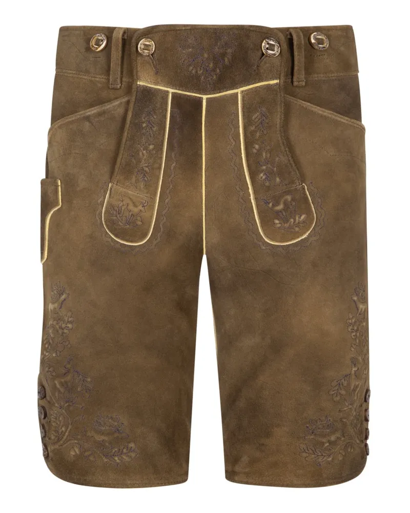 Meindl Steiermark Lederhose aus Ziegenleder, blau Stick in Braun