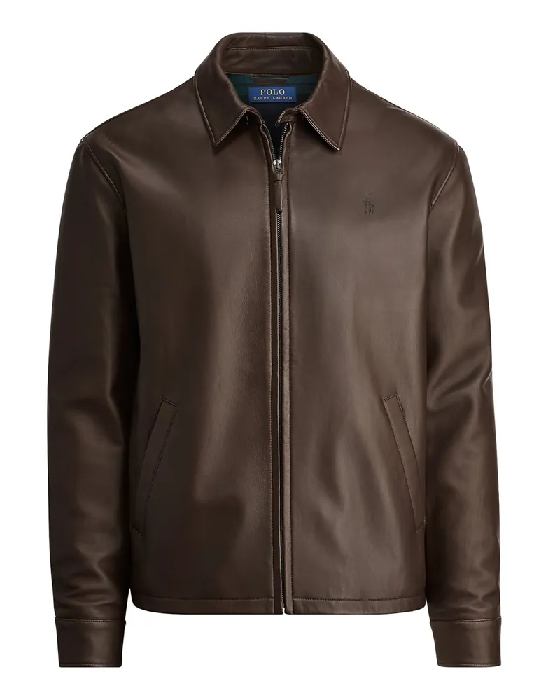 Ralph Lauren Leder-Blouson mit Logo-Stickerei und Hemdkragen in Braun