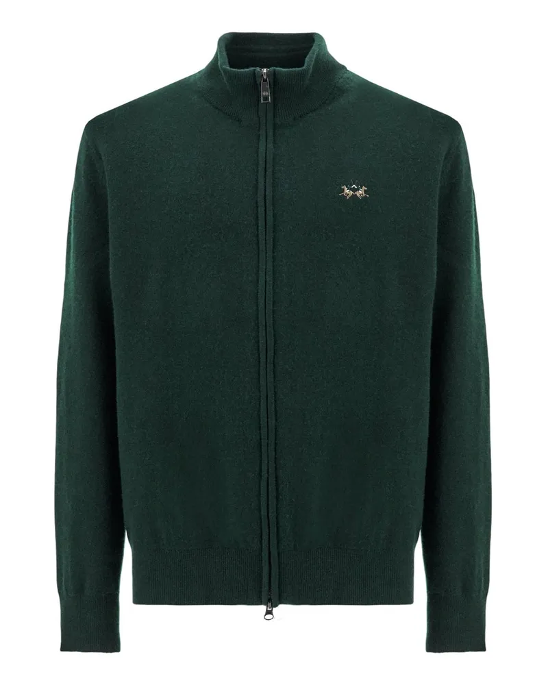 La Martina Leichte Strickjacke mit Lammwolle und farbiger Logo-Stickerei, Regular in Dunkelgrün