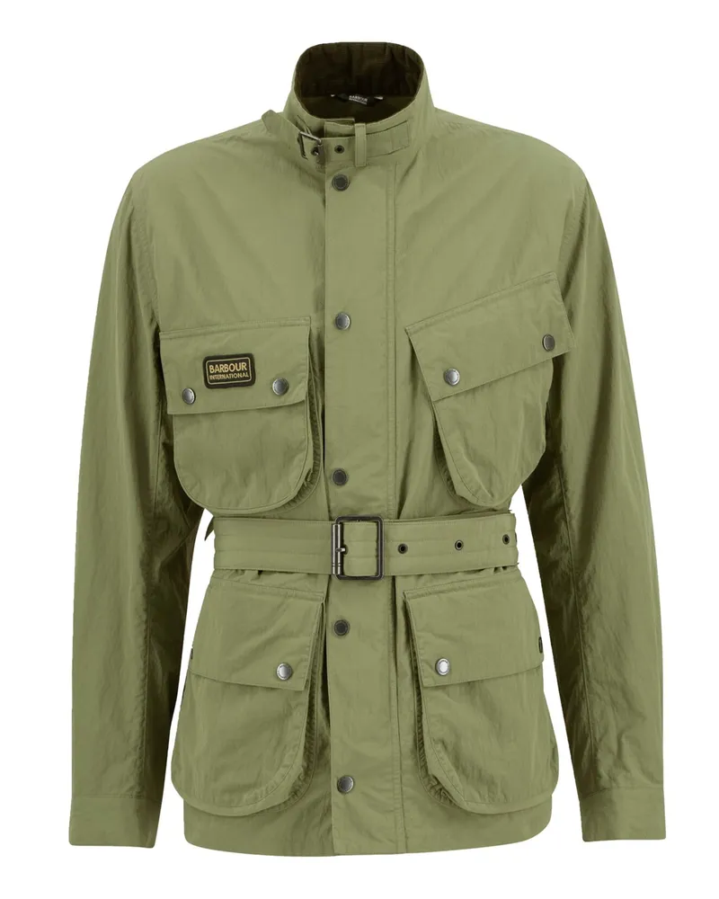 Barbour Wetterfeste Jacke Contemporary A7 mit Gürtel und Cord-Besatz am Kragen in Grün