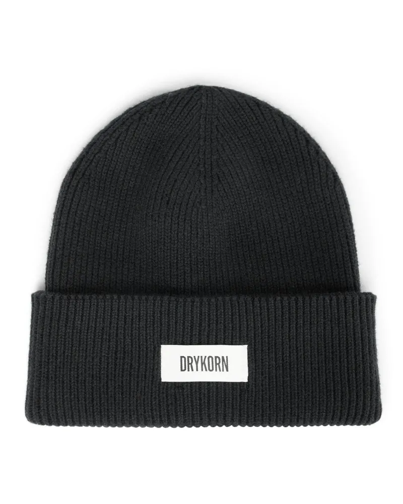 Drykorn Strickmütze aus einem Baumwoll-Mix mit Label-Aufnäher in Schwarz