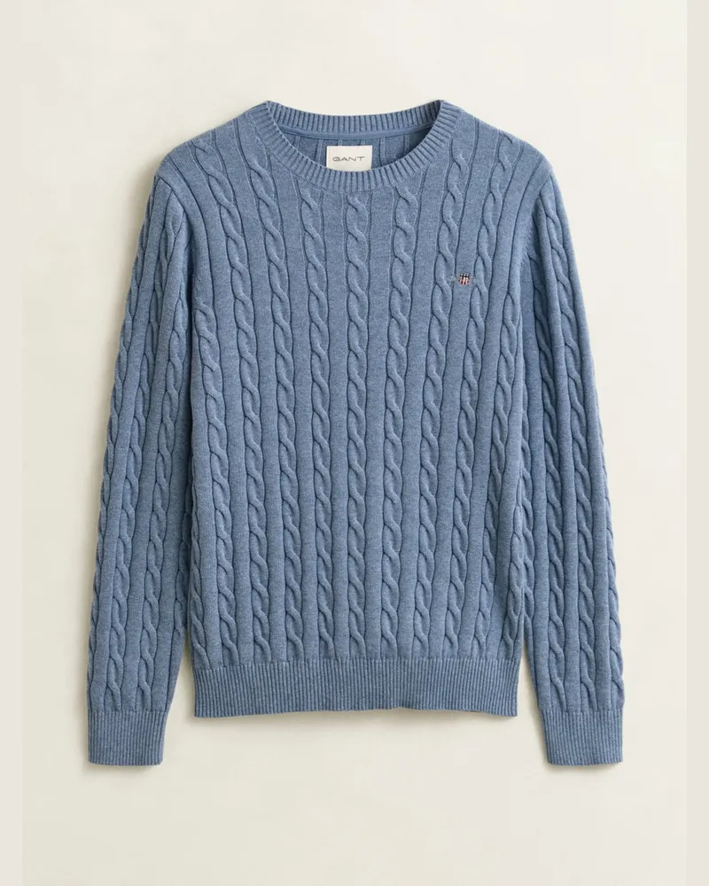 Gant Rundhalspullover aus Baumwolle mit Zopfmuster und kleiner Logo-Stickerei in Graublau