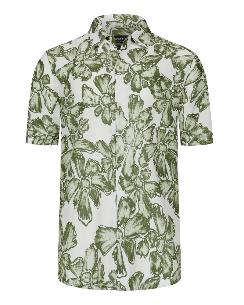 Marc O'Polo Kurzarmhemd aus Leinen mit floralem Print, Regular Fit in Oliv