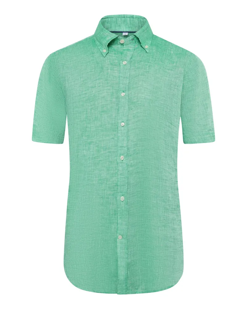 Tom Rusborg Unifarbenes Leinen-Kurzarmhemd mit Button Down-Kragen, Regular in Grün