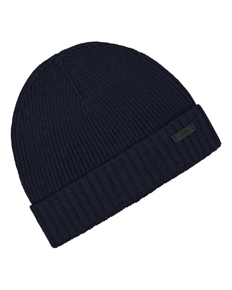 HUGO BOSS Strickmütze aus Schurwolle im Rippstrick mit Leder-Patch in Marine