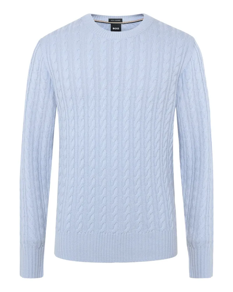 HUGO BOSS Rundhalspullover aus einem Merino-Kaschmir-Mix in Zopfstrick, Regular in Hellblau