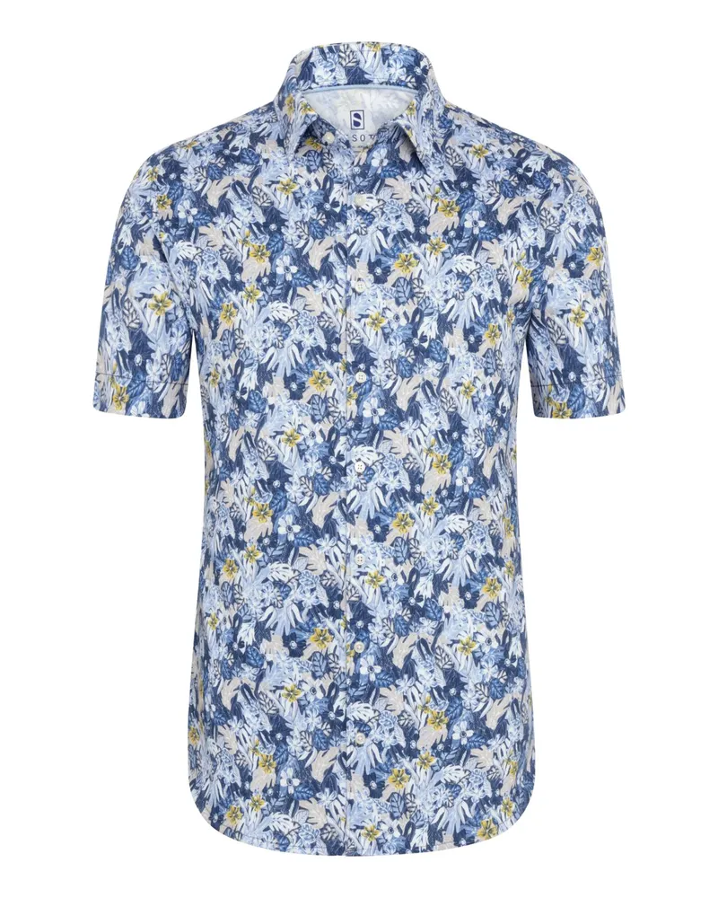 DESOTO Jersey-Kurzarmhemd mit floralem Print und Kentkragen, Slim in Blau