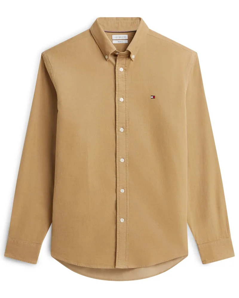 Tommy Hilfiger Unifarbenes Hemd aus Baumwollcord mit Logo-Flag, Regular Fit in Beige