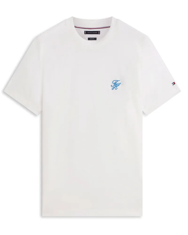 Tommy Hilfiger Glattes T-Shirt aus Baumwolle mit Monogramm-Stickerei, Regular Fit in Offwhite