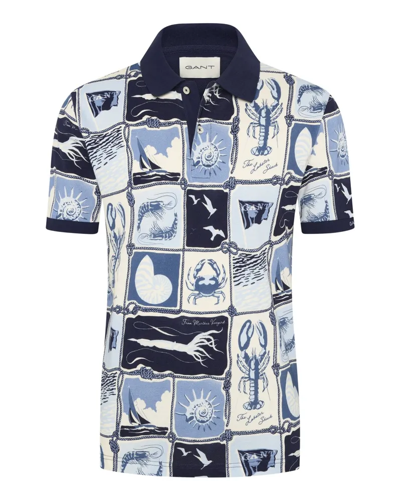 Gant Stretch-Poloshirt mit Motiven aus der Meeres-Fauna in Marine
