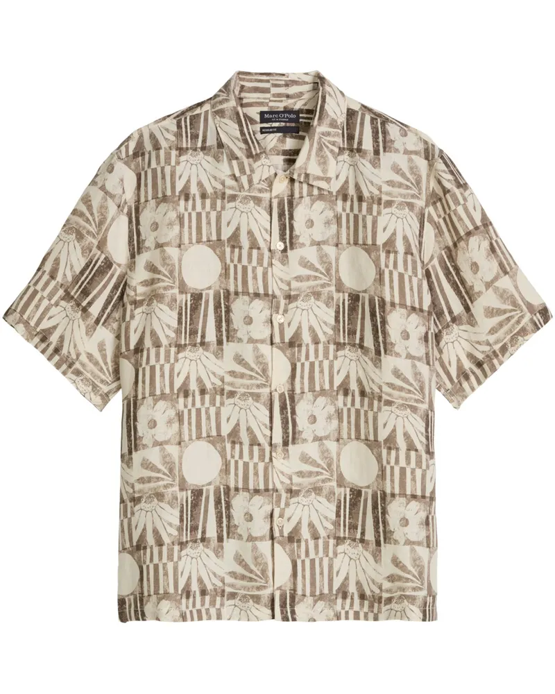 Marc O'Polo Kurzarmhemd aus Leinen mit floralem Print, Regular Fit in Beige