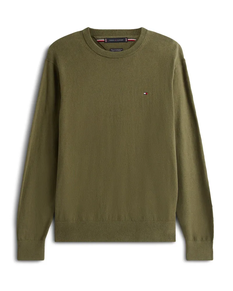 Tommy Hilfiger Softer Rundhalspullover mit Kaschmiranteil und kleiner Flag-Stickerei in Oliv