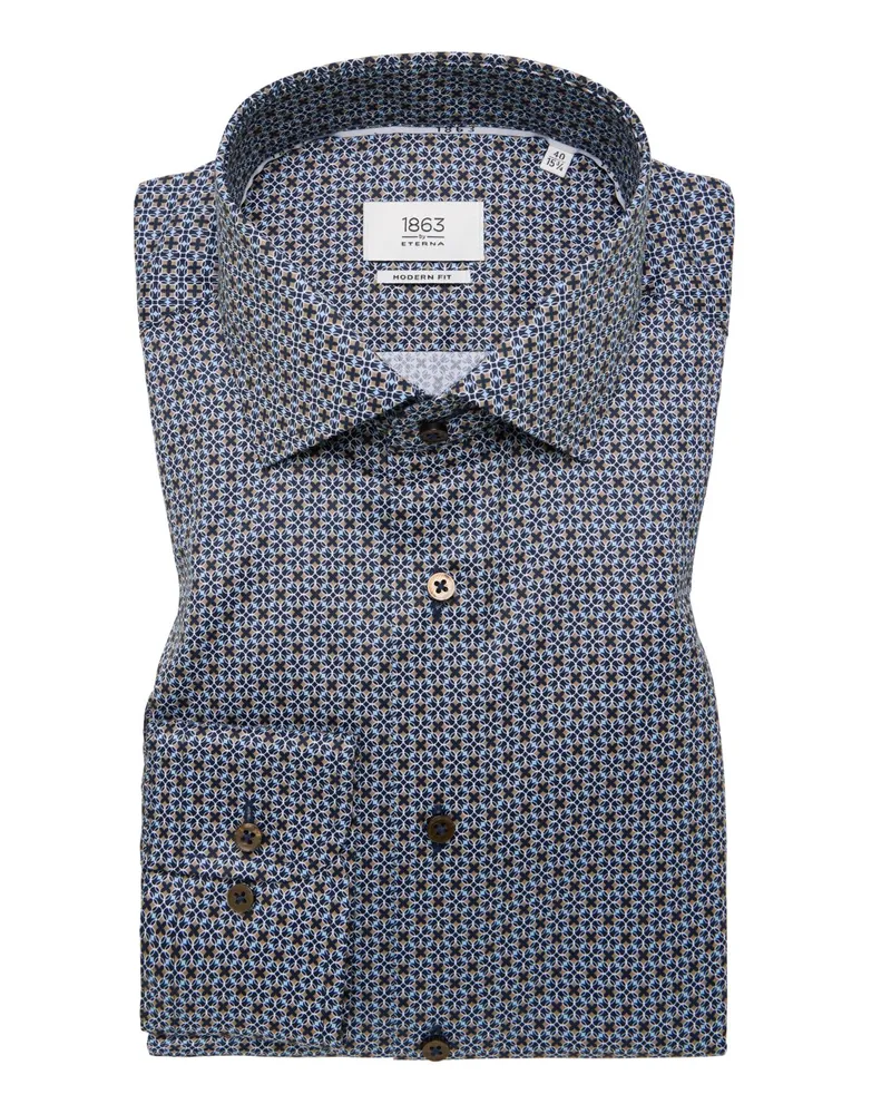 Eterna Hemd aus Baumwoll-Vollzwirn mit Muster, Modern FIt, extralang in Marine