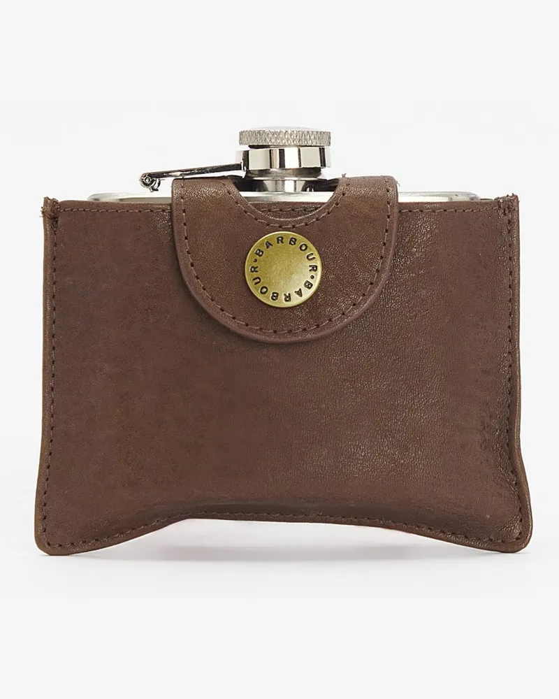 Barbour Flachmann aus rostfreiem Stahl mit knöpfbarer Lederhülle in Braun